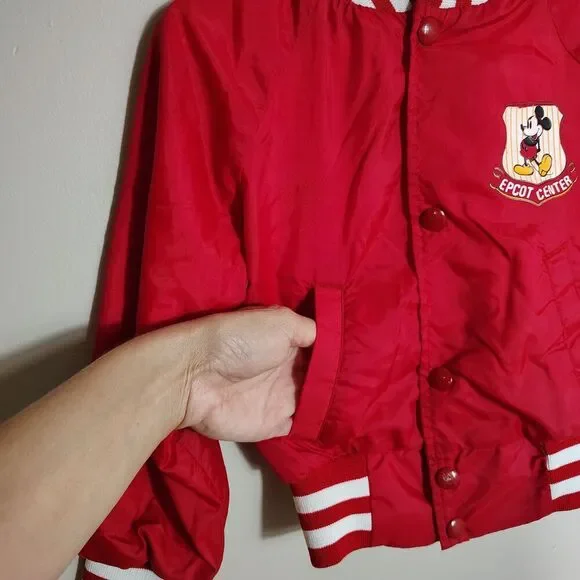 Vintage Disney EPCOT Mickey Mouse Kids Bomber Jacket Red Nylon USA Size 4 - Picture 4 of 12